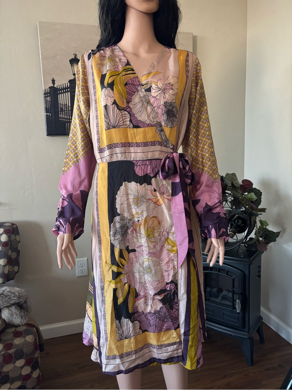Floral Wrap Midi Dress in Lilac and Gold